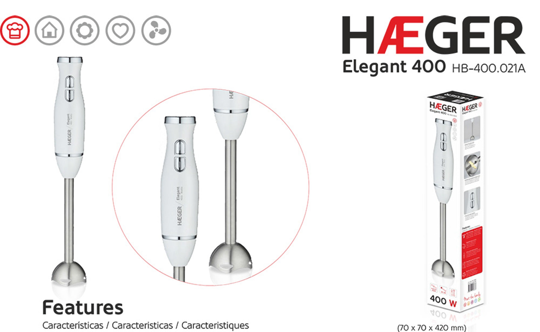 HAEGER HB-400.021A Elegant - Batidora de Mano 400W, 2 Interruptores de Toque fácil y Suave